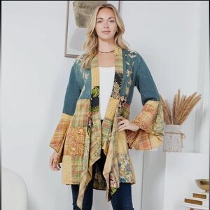 Young Threads Boho Patchwork Denim Flare Sleeve Kimono